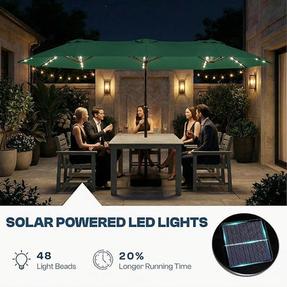 15FT Large Outdoor Patio Umbrella with Solar Lights and Base, Double-Sided Table Umbrellas with 48 LED Lights, Rectangle Market Umbrella for Pool, Deck, Backyard