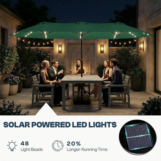15FT Large Outdoor Patio Umbrella with Solar Lights and Base, Double-Sided Table Umbrellas with 48 LED Lights, Rectangle Market Umbrella for Pool, Deck, Backyard