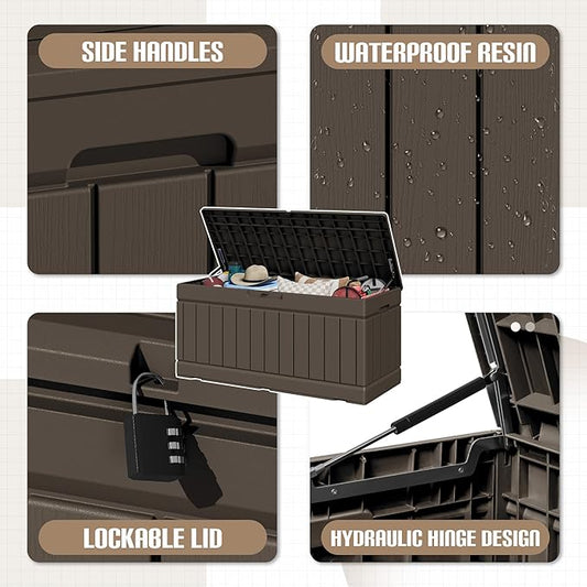 JUMMICO 78 Gallon Outdoor Deck Box Large Resin Storage Box for Patio Furniture Cushions and Garden Tools (Brown)