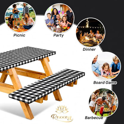 Vinyl Fitted Picnic Table Cover with Bench Covers & Bag 6ft Black Checkered | Rnoony Outdoor Waterproof, Windproof Tablecloth with Elastic Edges. Camping RV Gear Campers Must Have 72x30 Inches