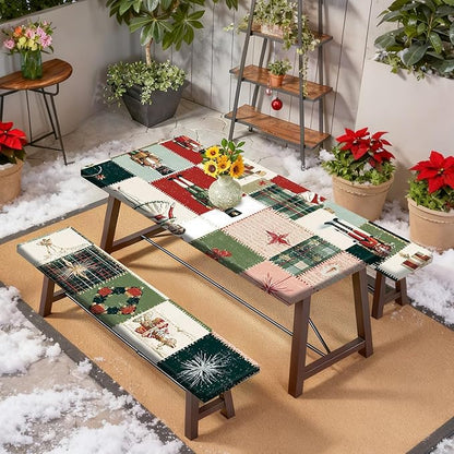 Christmas Picnic Table Cover with Bench Covers Set, Elastic Fitted Tablecloth for Outdoor Picnic Tables, Nutcracker and Patchwork Holiday Design, Durable Vinyl Cover for Camping, BBQs, and