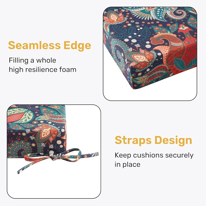 UNIKOME Outdoor Chair Cushions Pack of 4, Water Resistant Patio Cushions with Ties, High Density Sponge Filling Square Corner Seat Cushions for Outdoor Furniture, 18.5"*16"*3", Boho