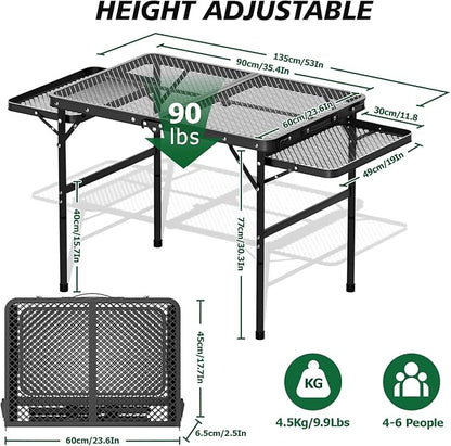 Folding Grill Table 30.3" Height Adjustable, Outdoor Camping Table with 2 Extra Desktops, 3x2 FT Portable Metal Grill Table for Outside for Picnic BBQ Camping Beach