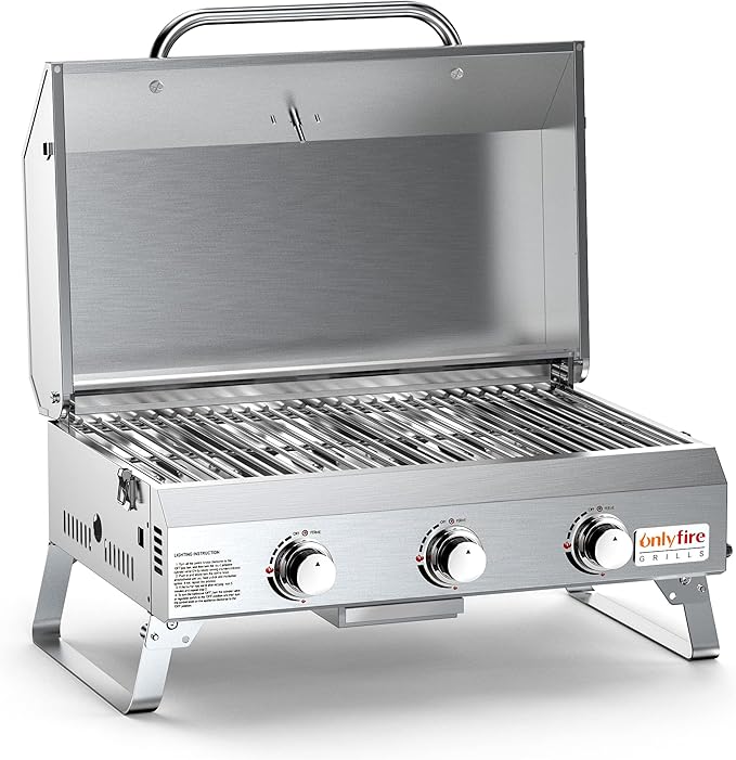 Tabletop Gas Grill 3 Burners, Portable Propane BBQ Grill with Foldable Legs & 22" Stainless Steel Grate for Outdoor Patio Backyard Barbecue, Camping Tailgating RV, 24000BTU High Output, Classic GS307