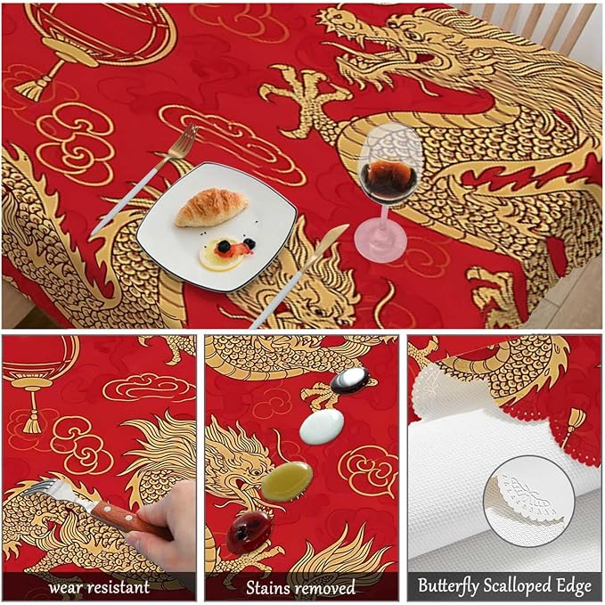 Swono Dragon Rectangle Tablecloth Traditional Flying Mascot Animal Chinese Dragons Red Table Cloth Dining Table Cover for Home Kitchen Restaurant Party Buffet Picnic, 52x70 Inch