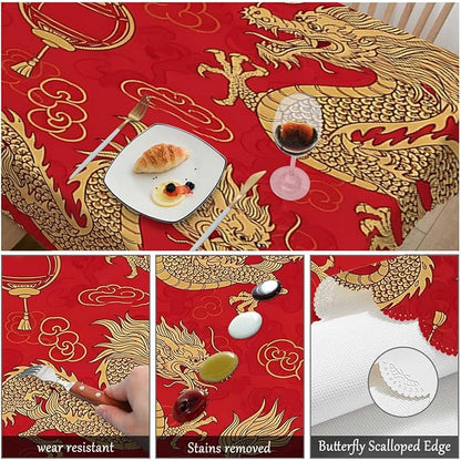 Swono Dragon Rectangle Tablecloth Traditional Flying Mascot Animal Chinese Dragons Red Table Cloth Dining Table Cover for Home Kitchen Restaurant Party Buffet Picnic, 52x70 Inch