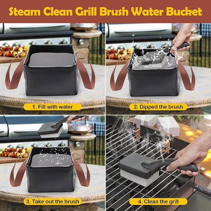 Collapsible Grill Brush Dunk Tank, AHIER Durable Grill Brush Heads Water Bucket for Stainless-Steel Grates