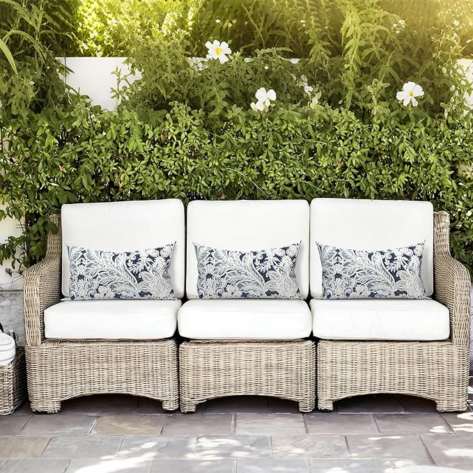 LVTXIII Set of 2 Patio Lumbar Pillows, 12" x 20" Fade Resistant Outdoor Lumbar Pillow with Inners, Fluffy Decorative Garden Lumbar Cushions for Home Patio Coach Sofa Use, Damask Lapis