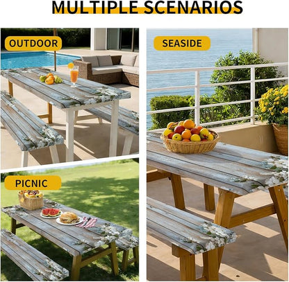 Picnic Table Cover with Bench Covers, 72 X 30 Inch Elastic Fitted Camping Tablecloth with Strap Design for 6FT Rectangle Tables, Windproof Outdoor Tablecloth Set with Storage Bag