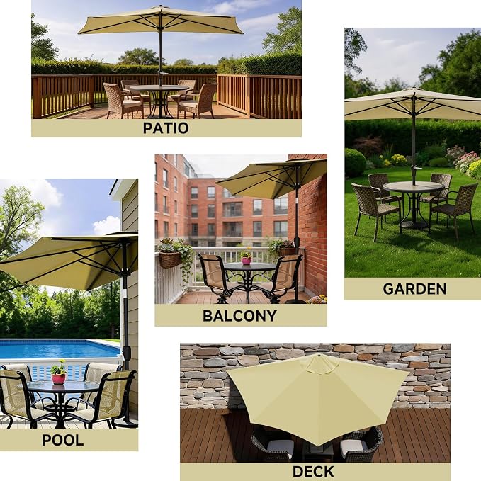 9FT 5Ribs Patio Half Umbrella Replacement Canopy Cover, Half Outdoor Umbrella Replacement Cloth, Market Yard Umbrellas Top Cover, Waterproof & UV-Protective (Only Canopy, Frame Not Included)