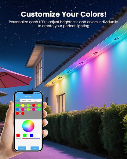 150FT Permanent Outdoor Lights for House, 24V RGB+IC Smart Outside Lights with 221 Modes, App & Remote Control, IP68 Waterproof, Year-Round Roof & Eaves Lighting for Christmas, Holidays (150FT)