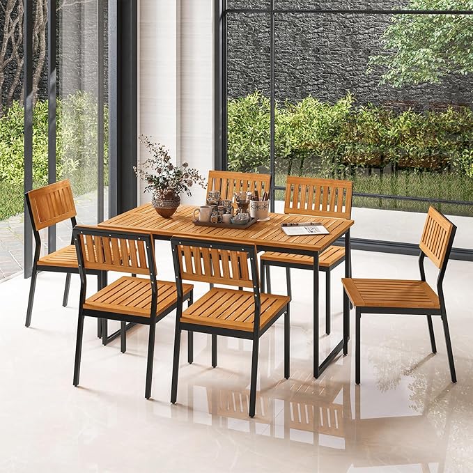 Tangkula 7 Piece Outdoor Dining Set for 6, Acacia Wood Rectangular Dining Table & 6 Armless Chairs w/Metal Frame, Umbrella Hole, Farmhouse Dining Furniture Set for Garden Porch Poolside