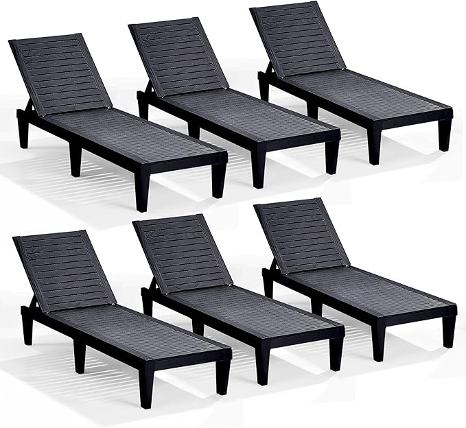 Nestl Patio Chairs - Black Chaise Lounge Chair Outdoor, 5-Position Adjustable Sun Tanning Chair, Waterproof Pool Lounge Chairs Set of 6, Reclining Lawn Chair, Lightweight Outdoor Lounge Chairs