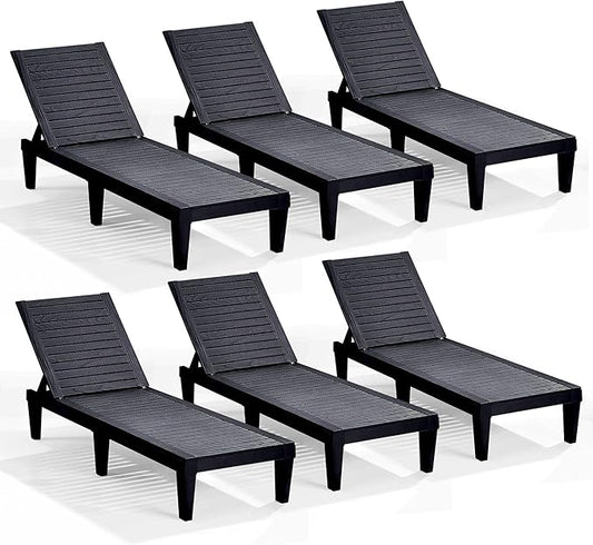Nestl Patio Chairs - Black Chaise Lounge Chair Outdoor, 5-Position Adjustable Sun Tanning Chair, Waterproof Pool Lounge Chairs Set of 6, Reclining Lawn Chair, Lightweight Outdoor Lounge Chairs