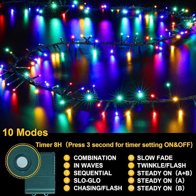 500 LED String Lights Outdoor, 16 Modes Plug-in Twinkle Fairy for Bedroom, 46ft 500LED Christmas Cluster Outdoor Waterproof - Multicolor