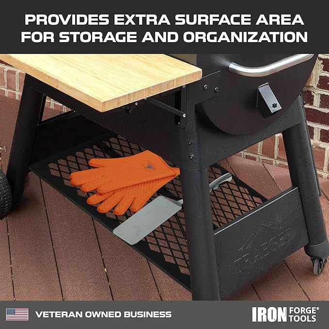 Iron Forge Tools Pellet Grill Storage Shelf Compatible with Traeger Pro 780 and Traeger Ironwood 885 Accessories - Black Powder Coated Steel Shelf for BBQ Pellet Storage Container