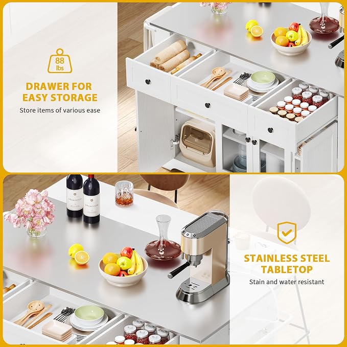 DWVO Kitchen Island with Stainless Steel Top & Power Outlet, 60 Inch Kitchen Island on Wheels with Drop Leaf, Large Rolling Mobile Center Islands w Storage Drawer Cabinet Counter Metal Top, White