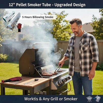 Pellet Smoker Tube with Tube Lid & Tray – 5 Hours of Billowing Smoke, Hot or Cold Smoking, for Any Grill or Smoker– Tray is Compatible With All Standard 12-inch Hexagonal Smoker Tubes