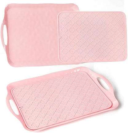 LEHAHA Large Non Slip Serving Tray with Handles, 17.25 x 12 Inch Melamine Serving Platter with Curved Sides, Dinner Tray for Lunch, Coffee, or Breakfast, 4pcs Set, Silicone placemats Included,Pink