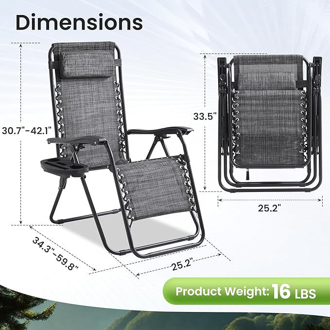 Zero Gravity Chair Set of 2 Oversized Folding Recliner, Padded Anti Gravity Lounge Chair with Adjustable Pillow & Cup Holder for Outdoor Camping, Patio, Poolside, Lawn (Gray)