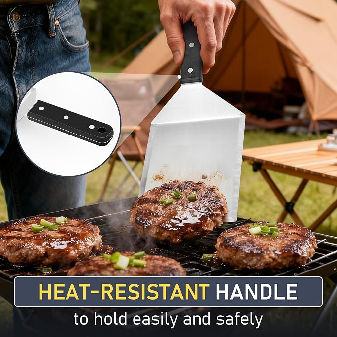 Metal Spatula Set of 2, HaSteeL Stainless Steel Large Griddle Spatulas with ABS Handle, Heavy Duty Hamburger Turner Pancake Flipper Great for Teppanyaki Flat Top BBQ Cooking, Dishwasher Safe & 2 Hooks