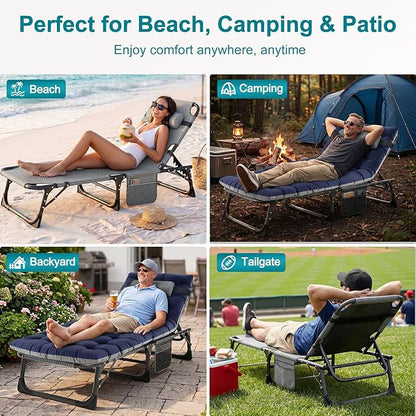 ABORON 2PK Heavy Duty Tanning Chair, 5-Gear Outdoor Folding Chaise Lounge Chair with Cushion,Portable Beach Lounge Chair for Outdoor Sunbathing Patio Pool Lawn Deck Poolside, Royal Blue-2pc