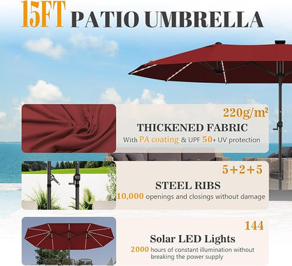 GDPFN 15ft Rectangular Patio Umbrella with Solar LED Lights, Double-Sided Outdoor Market Umbrella Extra Large Shade for Pool, Deck, Backyard, Garden, Burgundy (Base Not Include)