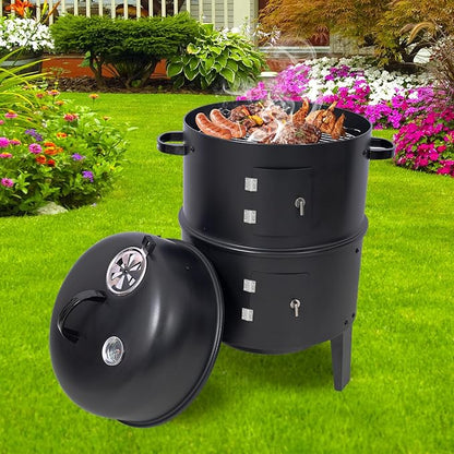 16 inch Vertical Charcoal Smoker, BBQ Grill, Fire Pit, 3-in-1 with Built-in Thermometer, Adjustable Air Vent, Idea for Parties, Backyard, Patio, Camping