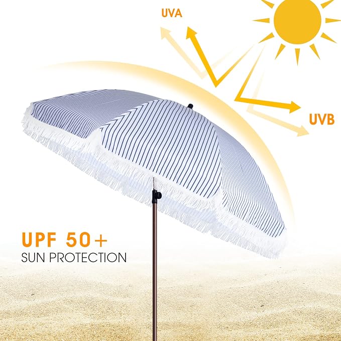 7.5Ft Patio Beach Umbrella with Fringe & Tassel, UPF50+ Push Button Tilt & Crank, Ideal for Garden, Lawn, Deck, Yard & Pool