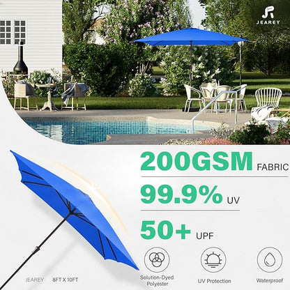 JEAREY 8x10 ft Rectangular Patio Umbrellas Outdoor Table Market Umbrella w/Crank, 8 Sturdy Ribs, UV Protection Windproof Sunproof for Garden, Deck, Backyard, Pool(Royal Blue)
