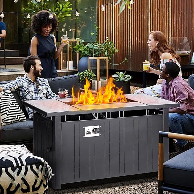 OutVue 47" Propane Fire Pit Table with Real Ceramic Tabletop, 50000 BTU Gas Firepit Table with Lid & Lava Stones, Outdoor Fire Pit for Dining or Party, Firepit for Outside, Patio