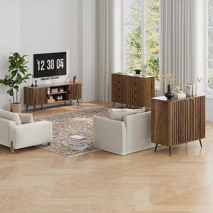 Semiocthome Walnut Buffet Cabinet with Storage, Sideboard Cabinet with Fluted Doors and Metal Legs, Storage Cabinet with Adjustable Shelf, Accent Table for Living Room, Dining Room, Kitchen, Entryway