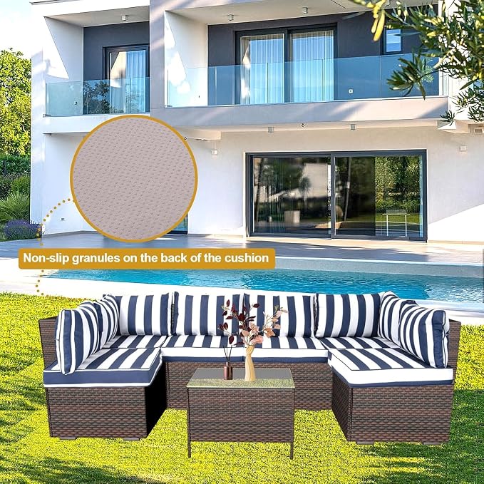 14 Piece Outdoor Patio Cushion Cover Replacement, Waterproof Patio Cushion Covers, Outdoor Furniture Cushion Covers Set for 6 Seat Wicker Rattan Sofa (Blue+White Stripe)