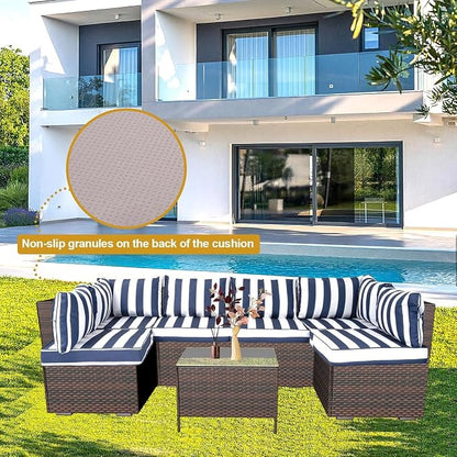 14 Piece Outdoor Patio Cushion Cover Replacement, Waterproof Patio Cushion Covers, Outdoor Furniture Cushion Covers Set for 6 Seat Wicker Rattan Sofa (Blue+White Stripe)