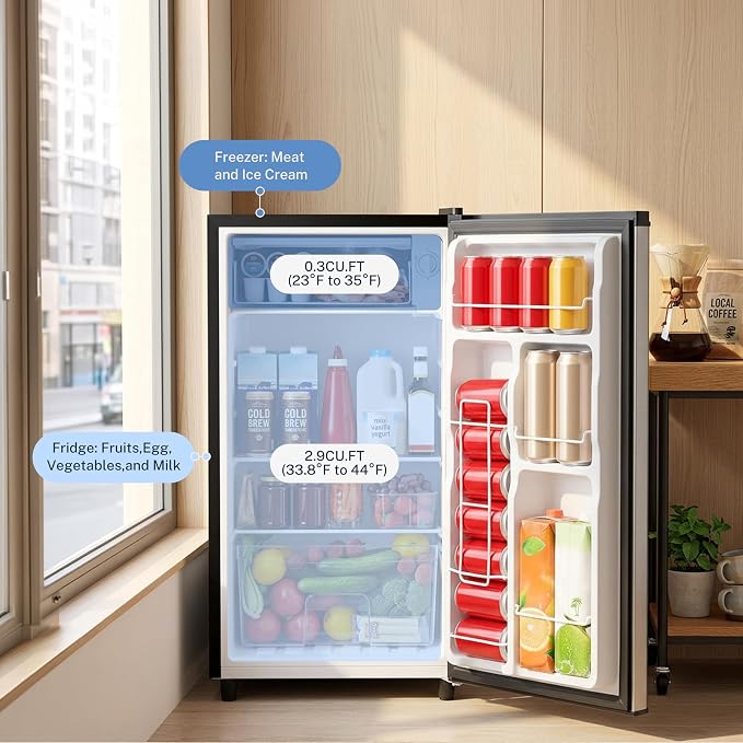 3.2 Cu.Ft Mini Fridge with Freezer, 1 Door Small Refrigerator with Adjustable Thermostat Energy-efficient Low Noise, Compact Fridge for Bedroom, Office, Dorm, Silver