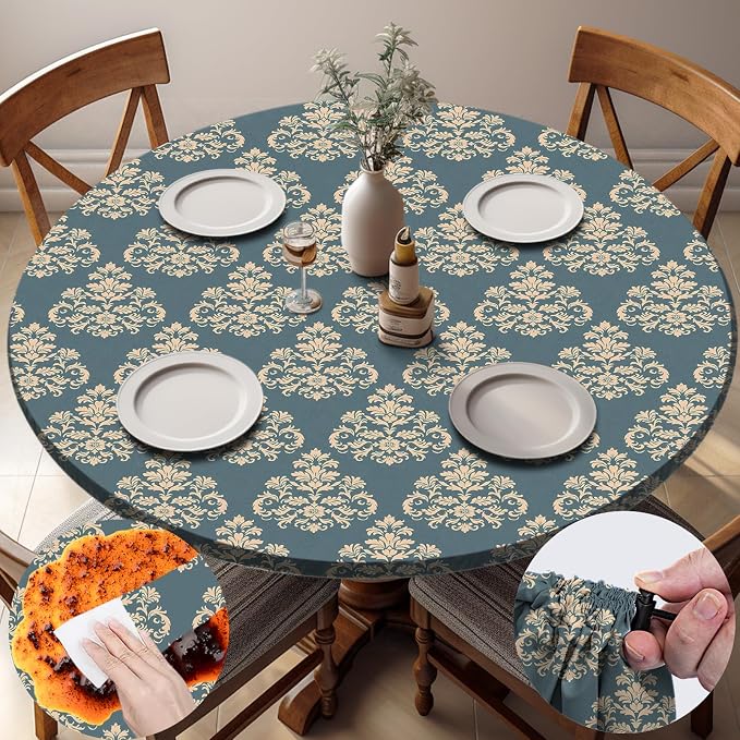opstellen Fitted Round Tablecloth Waterproof Table Cloth Vinyl Indoor Outdoor Circle Cover for 36-44" Tables Dining Kitchen Apartment Home Party Gear Gifts Summer Fall Patio Picnic Camping Essentials