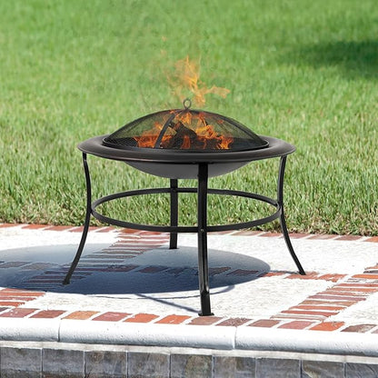 30" Outdoor Wood Burning Fire Pit, Round Steel Fire Bowl with Spark Screen, Log Grate, Lift Tool, for Patio, Backyard, Camping, Bonfire