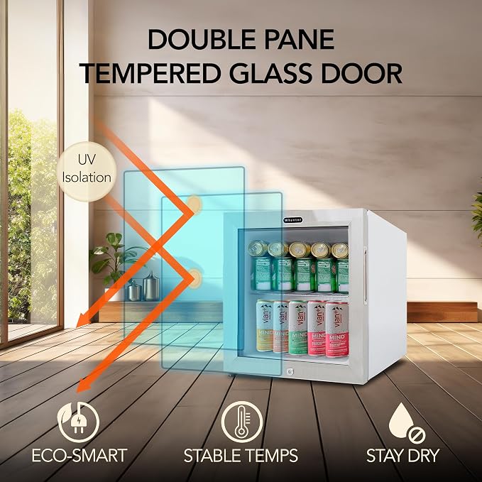 Whynter Beverage Refrigerator with Double-Layer Glass Door, 68-Can 1.6 Cu Ft Freestanding Drink Mini Fridge, BR-062WS, Stainless Steel