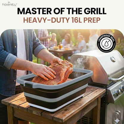BBQ Prep Tub 2 Pack (8L+16L) - Multifunctional Collapsible Camping Cutting Board with Upgraded Locking lid, Meal Prep Meat Storage Container Perfect for Grilling, Outdoor Cooking (Large + XL)