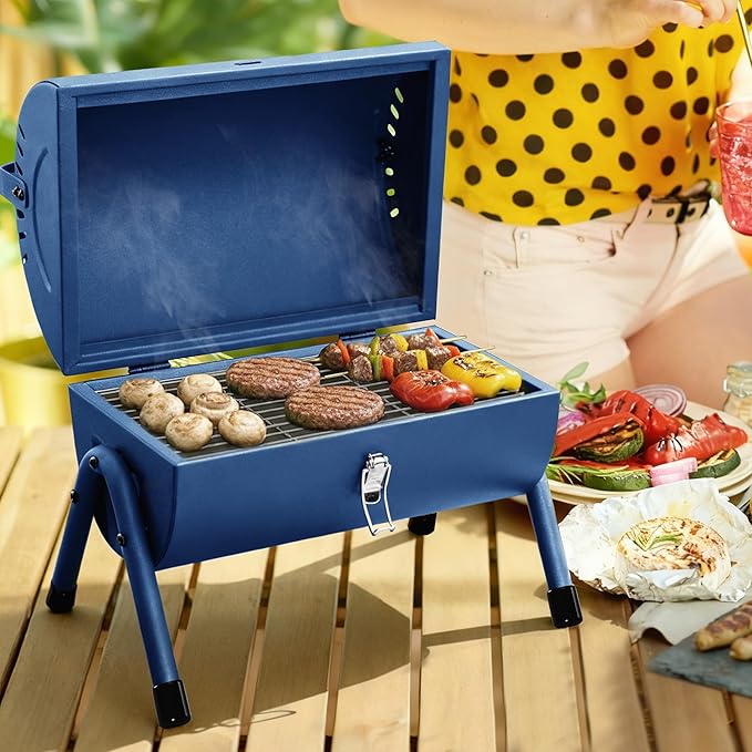 CC1015B Portable Charcoal Grill, 147 Sq. In. Cooking Area, with Four Air Vents, Lid Latch Buckle, Lid Handle, for Outdoor Backyard, Patio Parties and Picnics, Blue