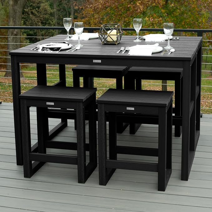 highwood Monroe 6-Piece Counter Height Modern Balcony Set, 2 Tables and 4 Stools, Black