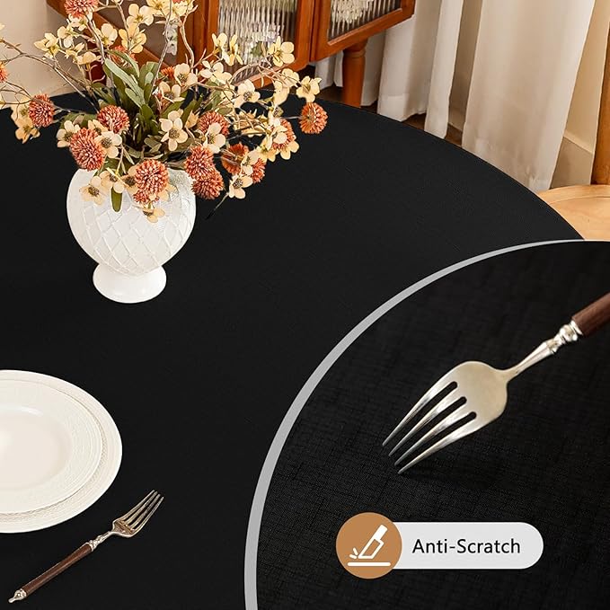 Seenus Textured 60 Inch Black Fabric Table Cloth Fits 30'' to 48'' Round Table, Faux Linen Water Resistant & Wipeable Circle Tablecloth, Washable for Dinning Kitchen Patio