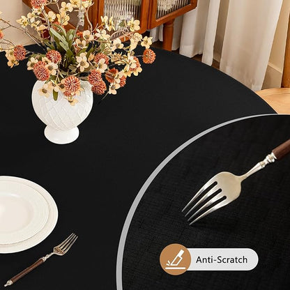 Seenus Textured 60 Inch Black Fabric Table Cloth Fits 30'' to 48'' Round Table, Faux Linen Water Resistant & Wipeable Circle Tablecloth, Washable for Dinning Kitchen Patio