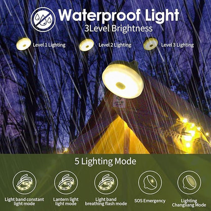 4 in 1 Camp Light Camping String Lights with 8 Modes Rechargeable Waterproof Retractable String Lights Your Ultimate Outdoor Companion (Solar LED+Type C, WarmWhite+Multicolor, 32.8FT)