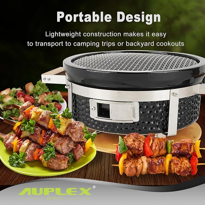 Yakitori Ceramic Charcoal Grill, Japanese Style Tabletop BBQ With Bamboo Heat Shield For Indoor/Outdoor, Round, DIA-14”
