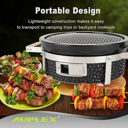 Yakitori Ceramic Charcoal Grill, Japanese Style Tabletop BBQ With Bamboo Heat Shield For Indoor/Outdoor, Round, DIA-14”