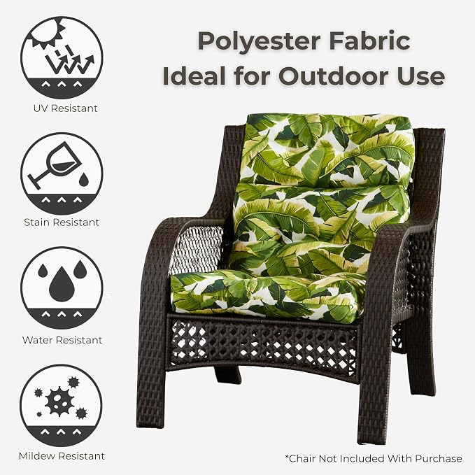 Outdoor Tufted High-Back Chair Cushions, One-Piece Hinged Seat and Back Design, Reversible with 4 Ties, Durable Polyester Fabric, Recycled Fiber Fill - Single, Palm Leaves White