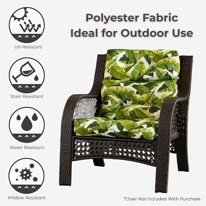 Outdoor Tufted High-Back Chair Cushions, One-Piece Hinged Seat and Back Design, Reversible with 4 Ties, Durable Polyester Fabric, Recycled Fiber Fill - Set of 2, Palm Leaves White