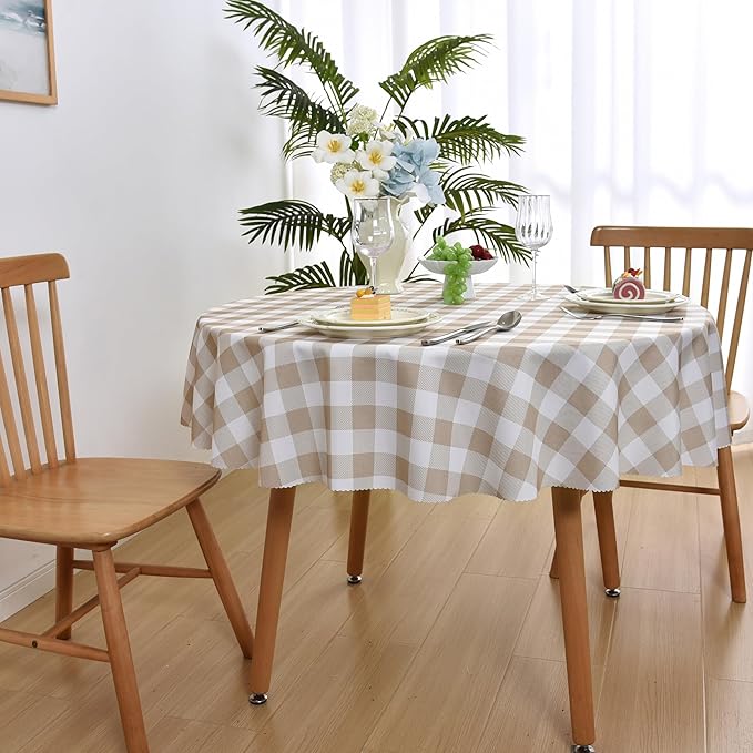 Waterproof Plaid Tablecloth Fabric - Round 58 Inch Classic Gingham Checker Table Cloth for Indoor/Outdoor Use - Buffalo Table Cover for Picnics, BBQs, and Parties