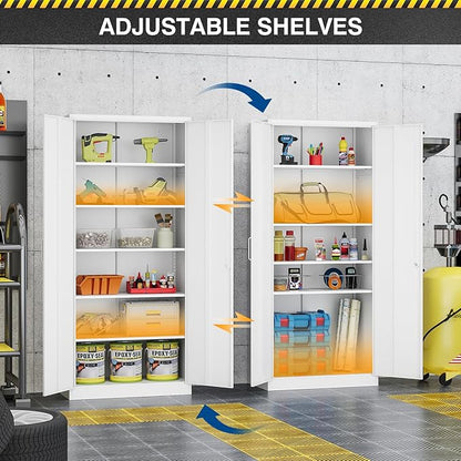 Fesbos Metal Storage Cabinet-72” Tall Steel File Cabinets with Lockable Doors and 5 Adjustable Shelves-White Steel Storage Cabinet for Home, School, Office, Garage